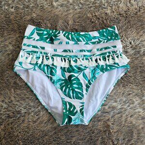 Palm Leaf Green & White NEW High-Waist Bikini Bottom